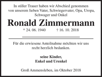 Traueranzeige von Ronald Zimmermann  von Magdeburger Volksstimme