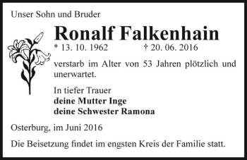 Traueranzeige von Ronalf Falkenhain  von Magdeburger Volksstimme