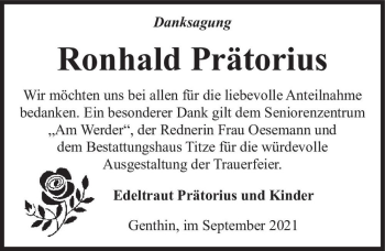Traueranzeige von Ronhald Prätorius  von Magdeburger Volksstimme