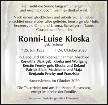 Traueranzeige von Ronni-Luise Kloska (geb. Schnur)  von Magdeburger Volksstimme
