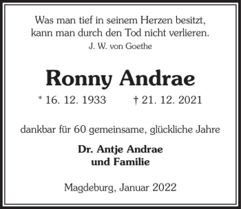 Traueranzeige von Ronny Andrea  von Magdeburger Volksstimme