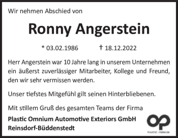 Traueranzeige von Ronny Angerstein  von Magdeburger Volksstimme