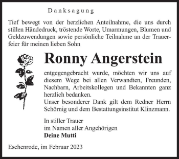 Traueranzeige von Ronny Angerstein  von Magdeburger Volksstimme