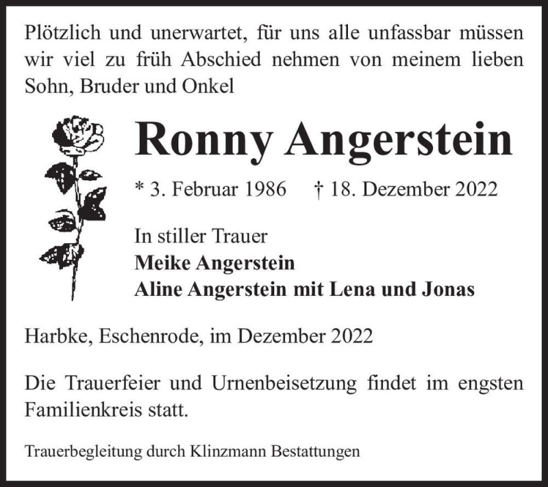  Traueranzeige für Ronny Angerstein  vom 31.12.2022 aus Magdeburger Volksstimme