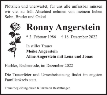 Traueranzeige von Ronny Angerstein  von Magdeburger Volksstimme