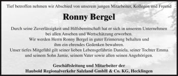 Traueranzeige von Ronny Bergel  von Magdeburger Volksstimme