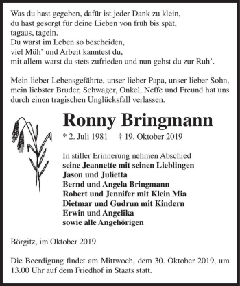 Traueranzeige von Ronny Bringmann  von Magdeburger Volksstimme