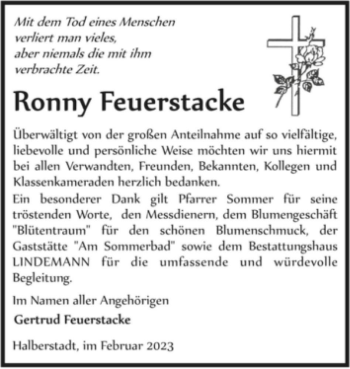Traueranzeige von Ronny Feuerstacke  von Magdeburger Volksstimme