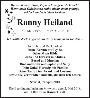 Traueranzeige von Ronny Heiland  von Magdeburger Volksstimme