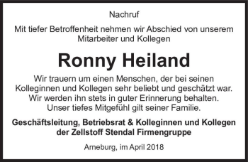 Traueranzeige von Ronny Heiland  von Magdeburger Volksstimme