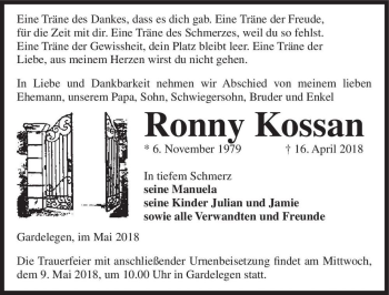 Traueranzeige von Ronny Kossan  von Magdeburger Volksstimme