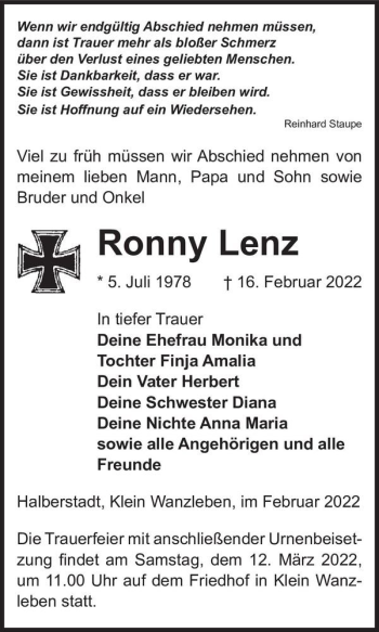 Traueranzeige von Ronny Lenz  von Magdeburger Volksstimme