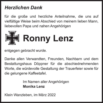Traueranzeige von Ronny Lenz  von Magdeburger Volksstimme