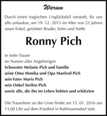 Traueranzeige von Ronny Pich  von Magdeburger Volksstimme