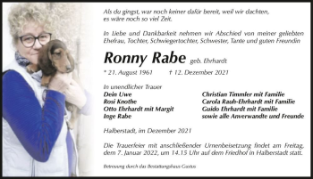 Traueranzeige von Ronny Rabe (geb. Ehrhardt)  von Magdeburger Volksstimme