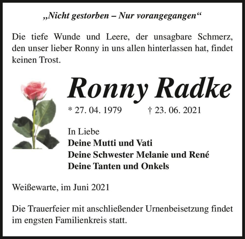  Traueranzeige für Ronny Radke  vom 30.06.2021 aus Magdeburger Volksstimme