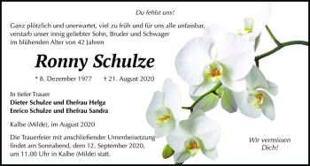 Traueranzeige von Ronny Schulze  von Magdeburger Volksstimme