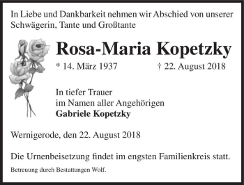 Traueranzeige von Rosa-Maria Kopetzky  von Magdeburger Volksstimme