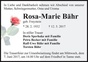 Traueranzeige von Rosa-Marie Bähr (geb. Freystein)  von Magdeburger Volksstimme