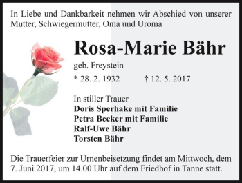 Traueranzeige von Rosa-Marie Bähr (geb. Freystein)  von Magdeburger Volksstimme