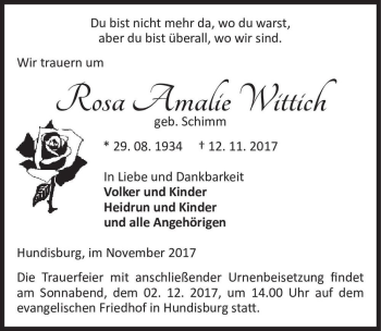 Traueranzeige von Rosa Amalie Wittich (geb. Schimm)  von Magdeburger Volksstimme