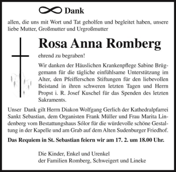 Traueranzeige von Rosa Anna Romberg  von Magdeburger Volksstimme
