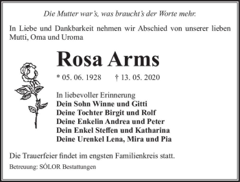 Traueranzeige von Rosa Arms  von Magdeburger Volksstimme