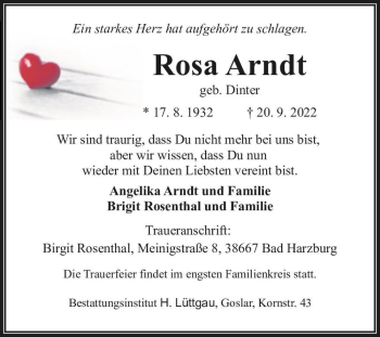 Traueranzeige von Rosa Arndt (geb. Dinter)  von Magdeburger Volksstimme