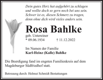 Traueranzeige von Rosa Bahlke (geb. Untereiner)  von Magdeburger Volksstimme