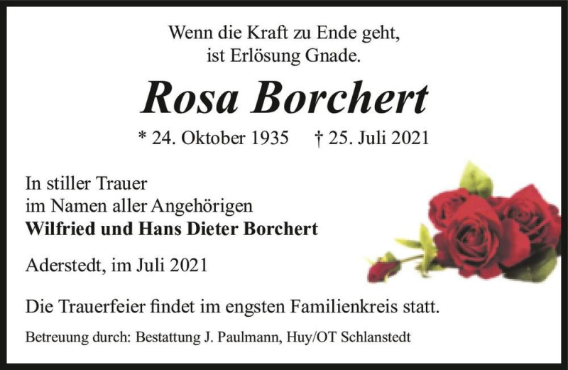  Traueranzeige für Rosa Borchert  vom 31.07.2021 aus Magdeburger Volksstimme