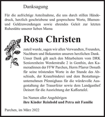 Traueranzeige von Rosa Christen  von Magdeburger Volksstimme