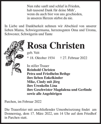 Traueranzeige von Rosa Christen (geb. Veit)  von Magdeburger Volksstimme
