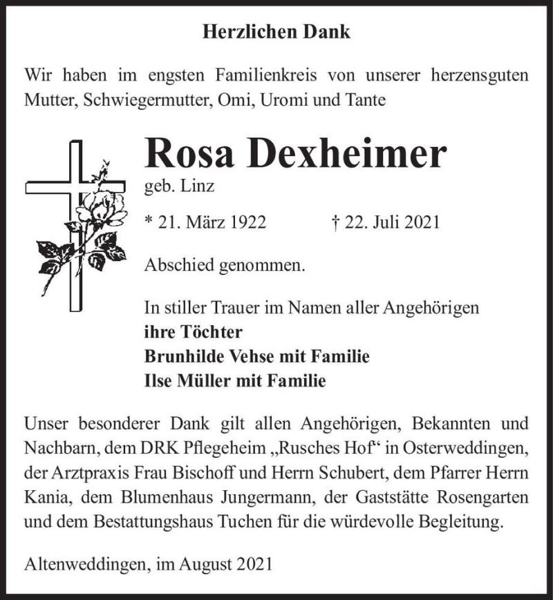  Traueranzeige für Rosa Dexheimer (geb. Linz)  vom 21.08.2021 aus Magdeburger Volksstimme