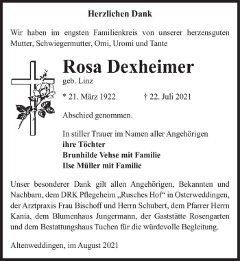 Traueranzeige von Rosa Dexheimer (geb. Linz)  von Magdeburger Volksstimme