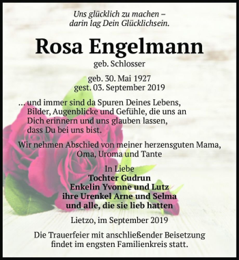 Traueranzeige von Rosa Engelmann (geb. Schlosser)  von Magdeburger Volksstimme