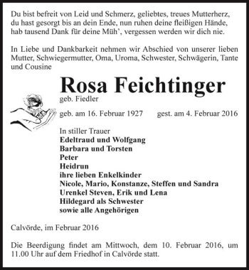 Traueranzeige von Rosa Feichtinger (geb. Fiedler)  von Magdeburger Volksstimme