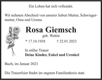Traueranzeige von Rosa Giemsch (geb. Wettin)  von Magdeburger Volksstimme