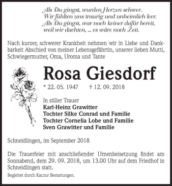 Traueranzeige von Rosa Giesdorf  von Magdeburger Volksstimme