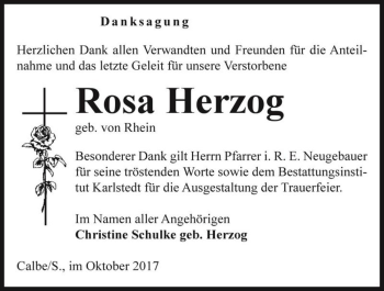 Traueranzeige von Rosa Herzog (geb. von Rhein)  von Magdeburger Volksstimme