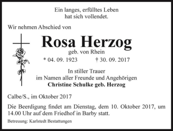 Traueranzeige von Rosa Herzog (geb. von Rhein)  von Magdeburger Volksstimme