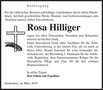 Traueranzeige von Rosa Hilliger  von Magdeburger Volksstimme