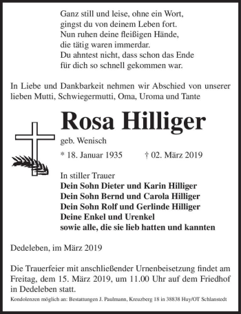 Traueranzeige von Rosa Hilliger (geb. Wenisch)  von Magdeburger Volksstimme