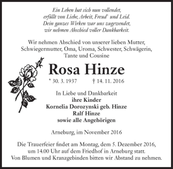 Traueranzeige von Rosa Hinze  von Magdeburger Volksstimme