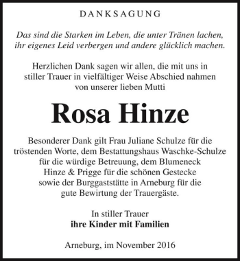 Traueranzeige von Rosa Hinze  von Magdeburger Volksstimme