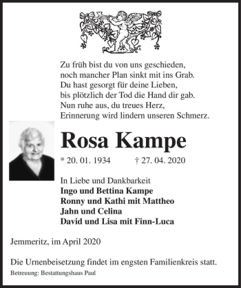 Traueranzeige von Rosa Kampe  von Magdeburger Volksstimme