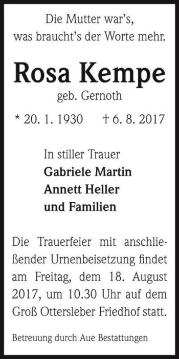 Traueranzeige von Rosa Kempe (geb. Gernoth)  von Magdeburger Volksstimme