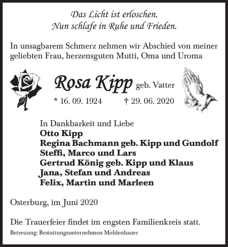  Traueranzeige für Rosa Kipp (geb. Vatter)  vom 02.07.2020 aus Magdeburger Volksstimme