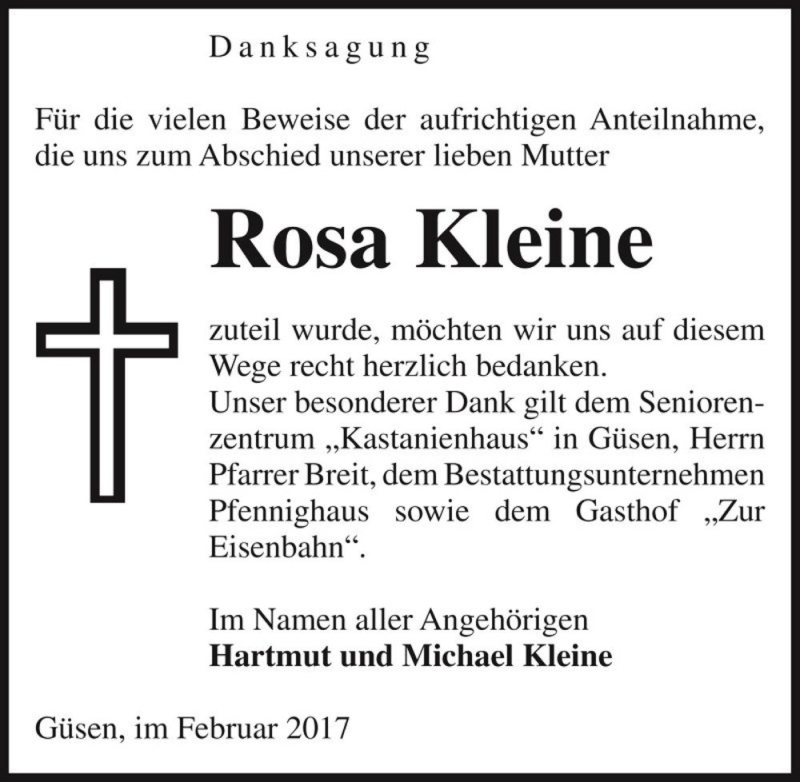  Traueranzeige für Rosa Kleine  vom 18.02.2017 aus Magdeburger Volksstimme