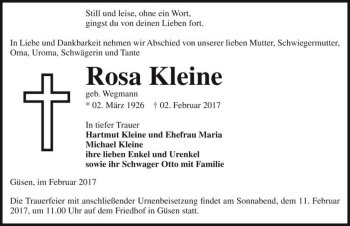 Traueranzeige von Rosa Kleine (geb. Wegmann)  von Magdeburger Volksstimme