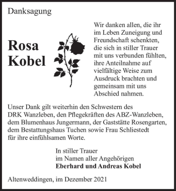 Traueranzeige von Rosa Kobel  von Magdeburger Volksstimme